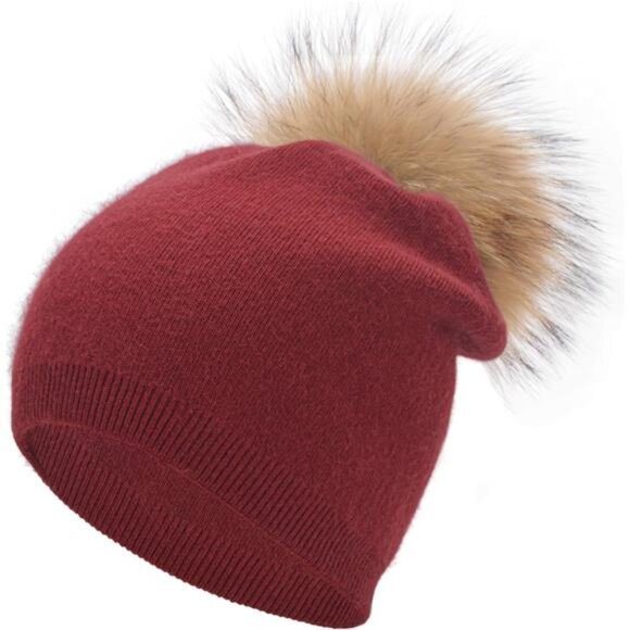 Accessories - Women Cashmere Winter Slouchy Knit Beanie Hat with Real Fur Pom Pom Winter